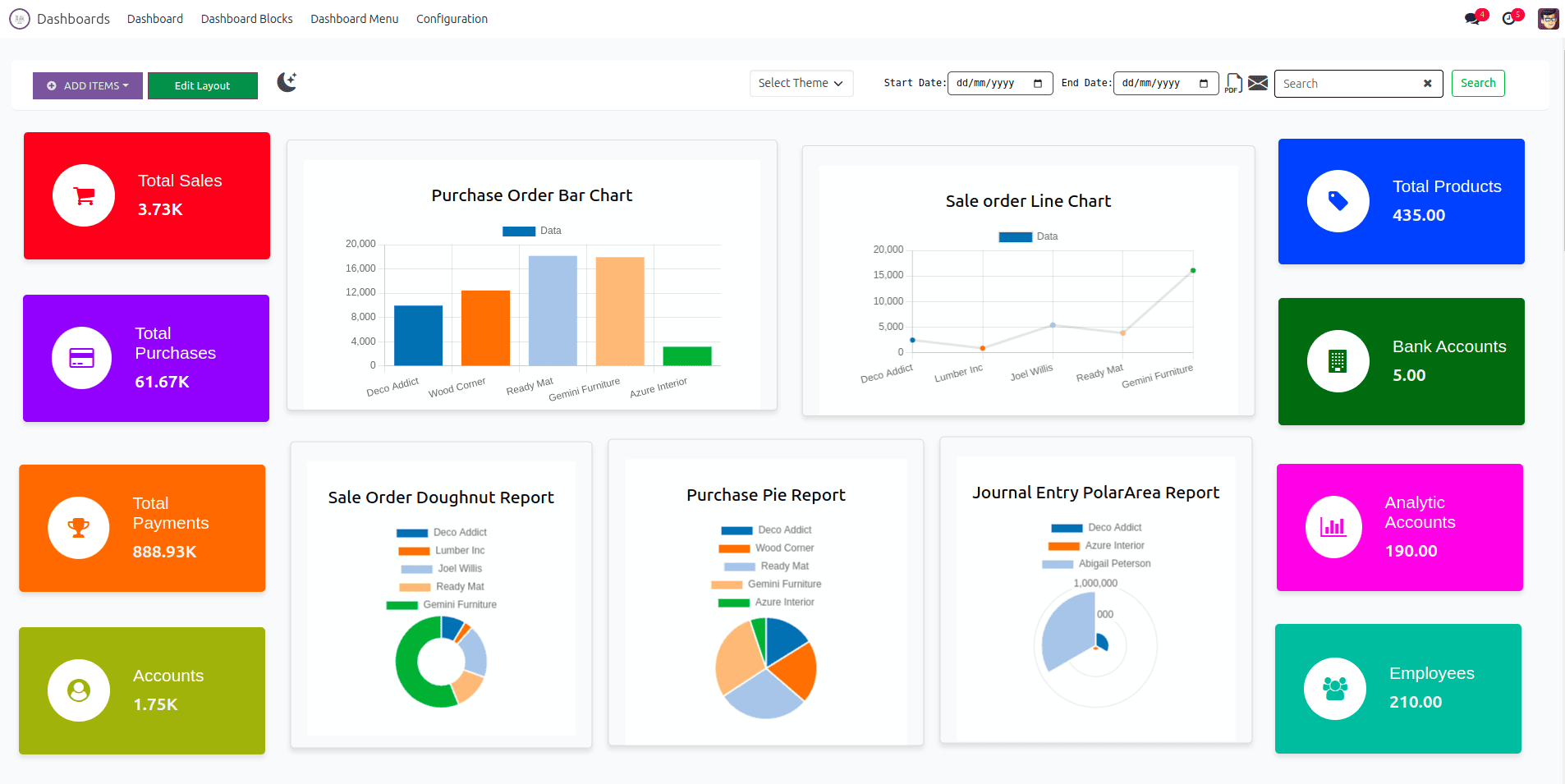 Odoo enterprise management software main dashboard displaying installed app icons including CRM, Accounting, Inventory, and Sales