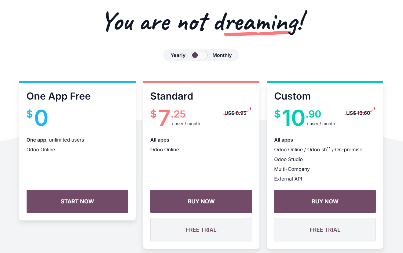 Odoo subscription pricing calculator displaying One App Free, Standard, and Custom plan tiers with per-user rates