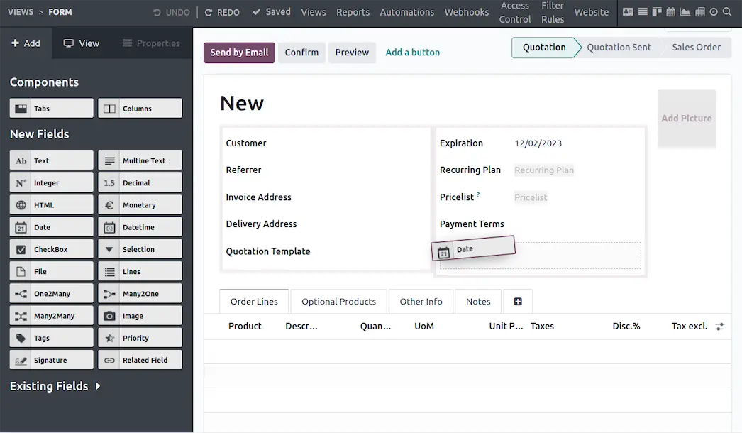 Odoo Studio no-code visual app builder interface showing drag-and-drop field customization and automated workflow triggers