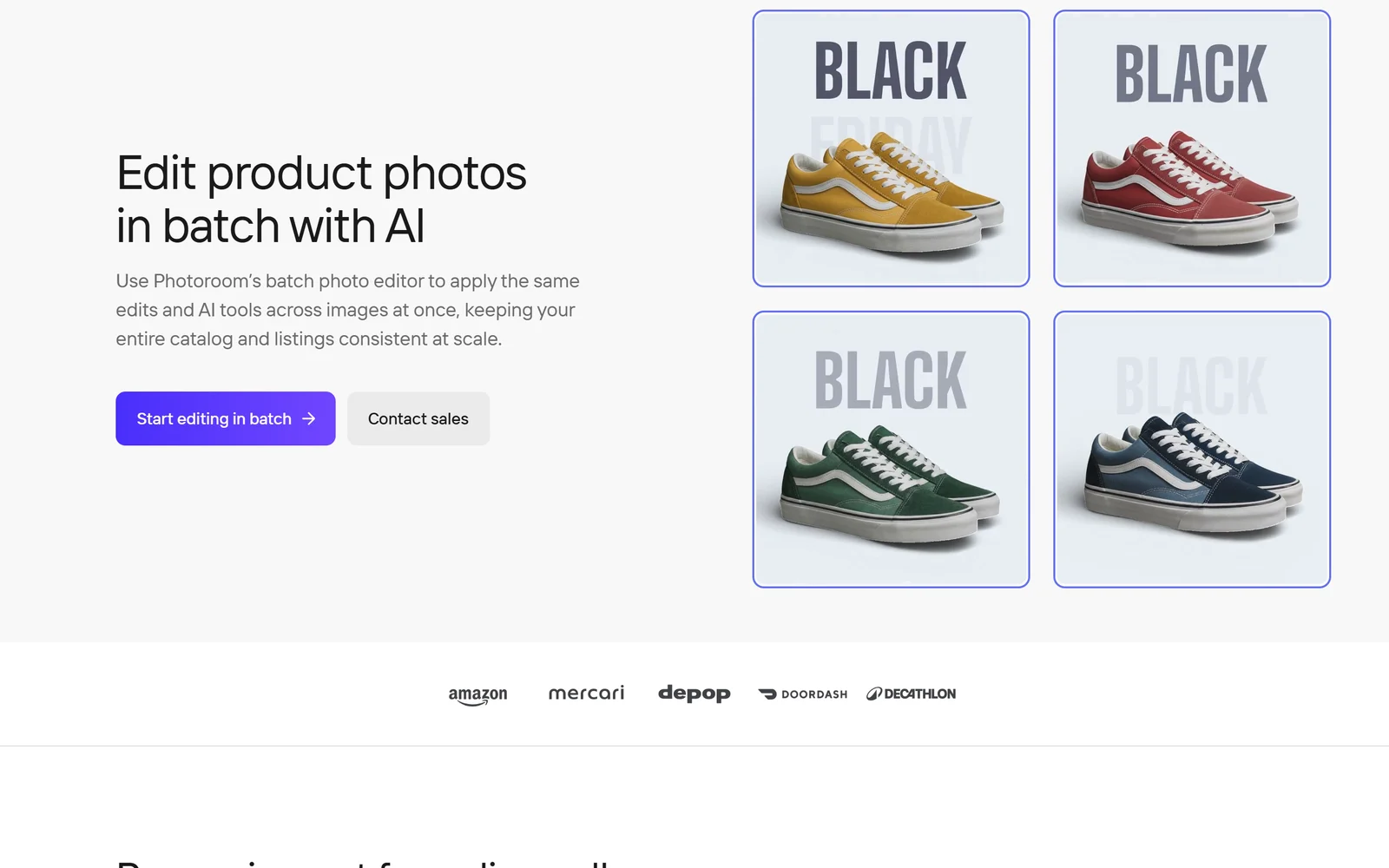 Edit product photos in batch with AI: use Photoroom's batch photo editor to apply the same edits and AI tools across images at once, shown on four sneakers with the same Black Friday template