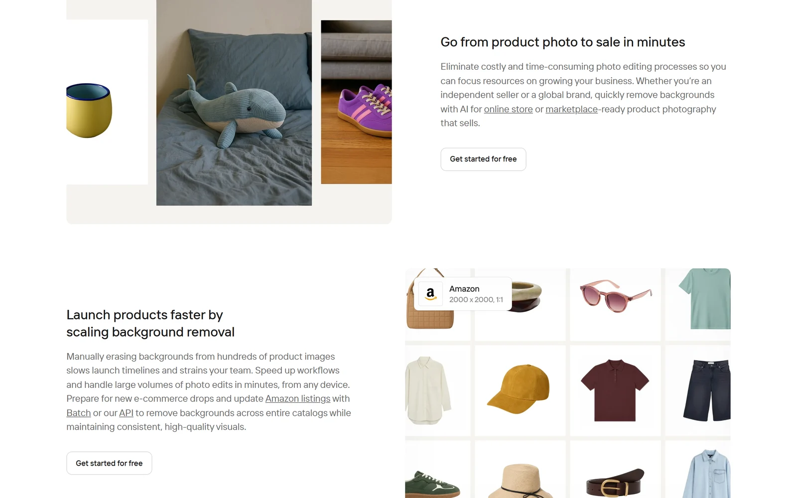 Photoroom background remover page: go from product photo to sale in minutes, and launch products faster by scaling background removal, with an Amazon 2000 x 2000 preset over a grid of cut-out products