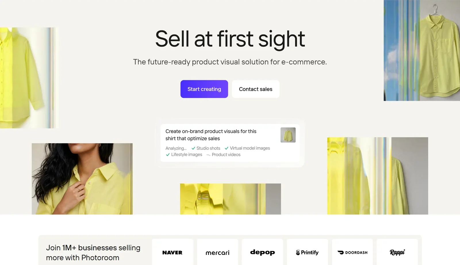 Photoroom homepage, October 2026: Sell at first sight, the future-ready product visual solution for e-commerce, with Start creating and Contact sales buttons and customer logos including Naver, Mercari, Depop, Printify, DoorDash and Rappi