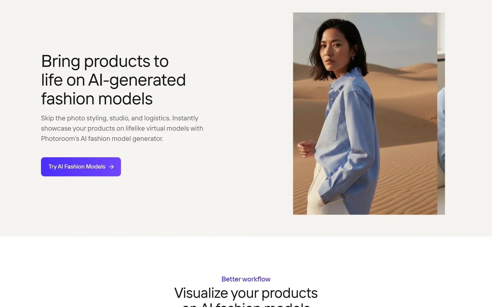 Photoroom AI fashion models page: bring products to life on AI-generated fashion models, skip the photo styling, studio and logistics, with a model in a striped shirt in a desert setting