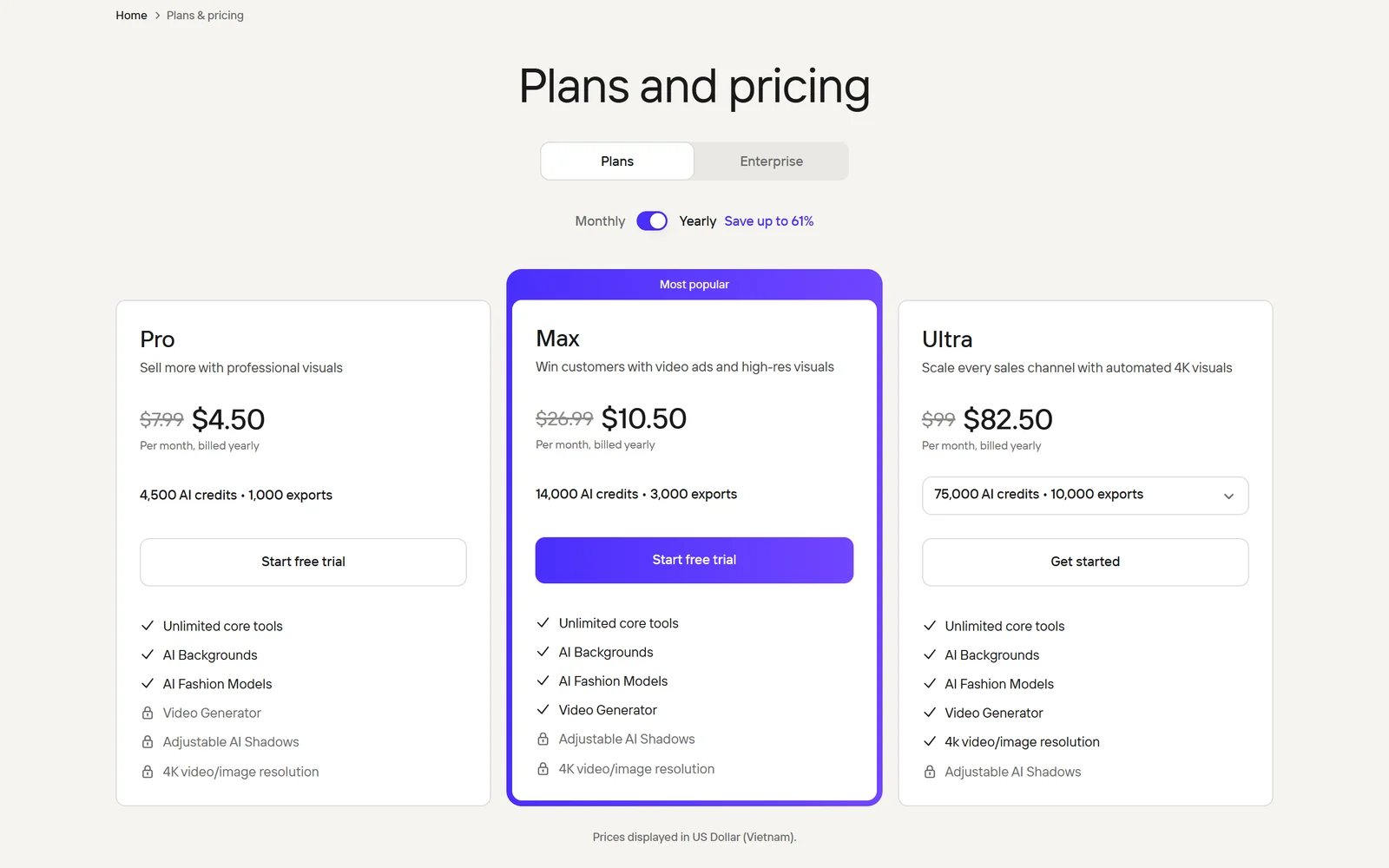 Photoroom plans and pricing as shown to a visitor in Vietnam, October 2026: Pro $4.50, Max $10.50 and Ultra $82.50 per month billed yearly, with 4,500, 14,000 and 75,000 AI credits and 1,000, 3,000 and 10,000 exports, and a note that prices are displayed in US Dollar (Vietnam)