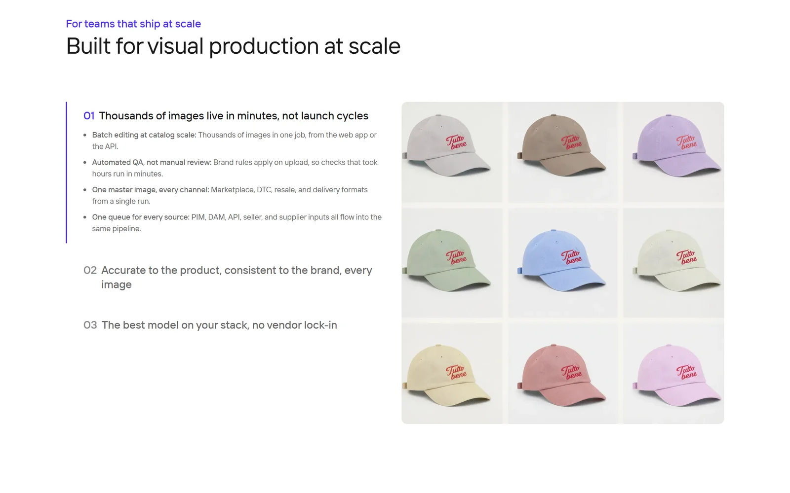 Built for visual production at scale: thousands of images live in minutes, batch editing at catalog scale, automated QA, one master image for every channel, and one queue for PIM, DAM, API, seller and supplier inputs, beside nine coloured caps