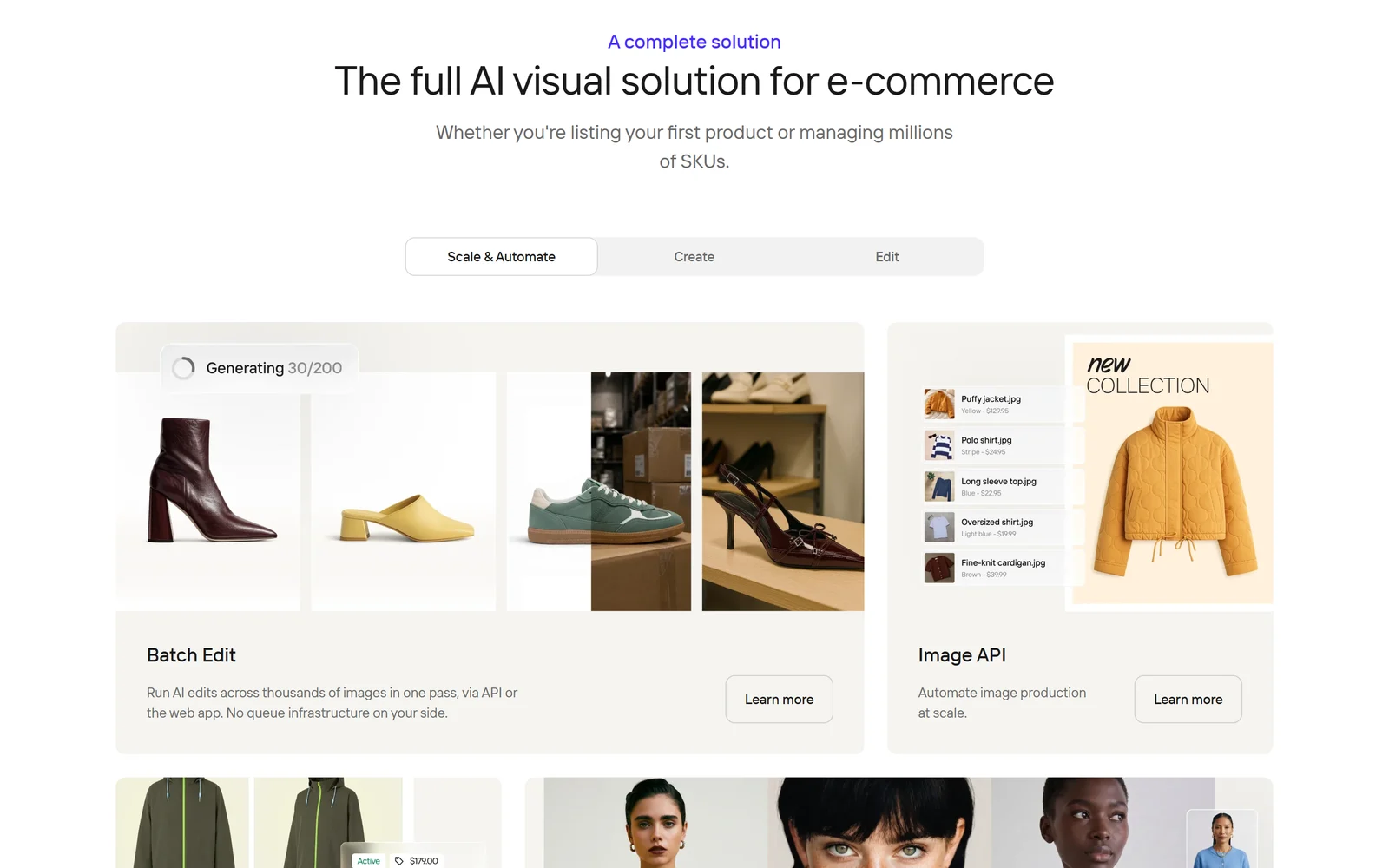 The full AI visual solution for e-commerce: Scale and Automate, Create and Edit tabs, with Batch Edit running AI edits across thousands of images and an Image API that automates image production at scale