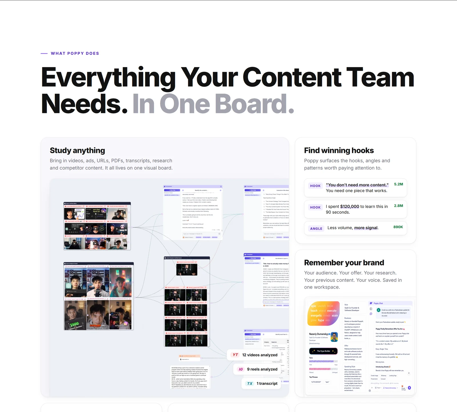 Poppy feature grid: study anything on one visual board, find winning hooks, and remember your brand voice