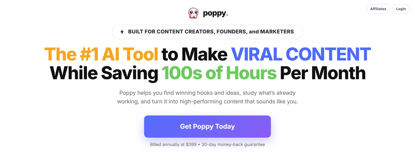 Poppy AI homepage, September 2026: The #1 AI Tool to Make Viral Content While Saving 100s of Hours Per Month