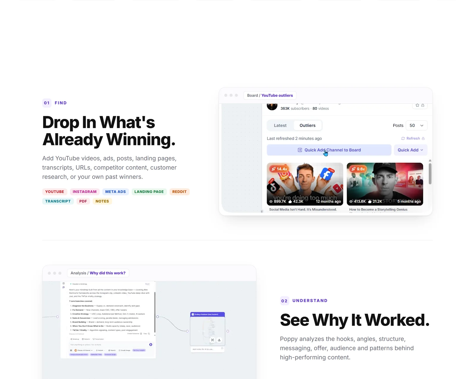 Poppy's Find and Understand steps: a board pulling YouTube outliers and an analysis chat explaining why content worked