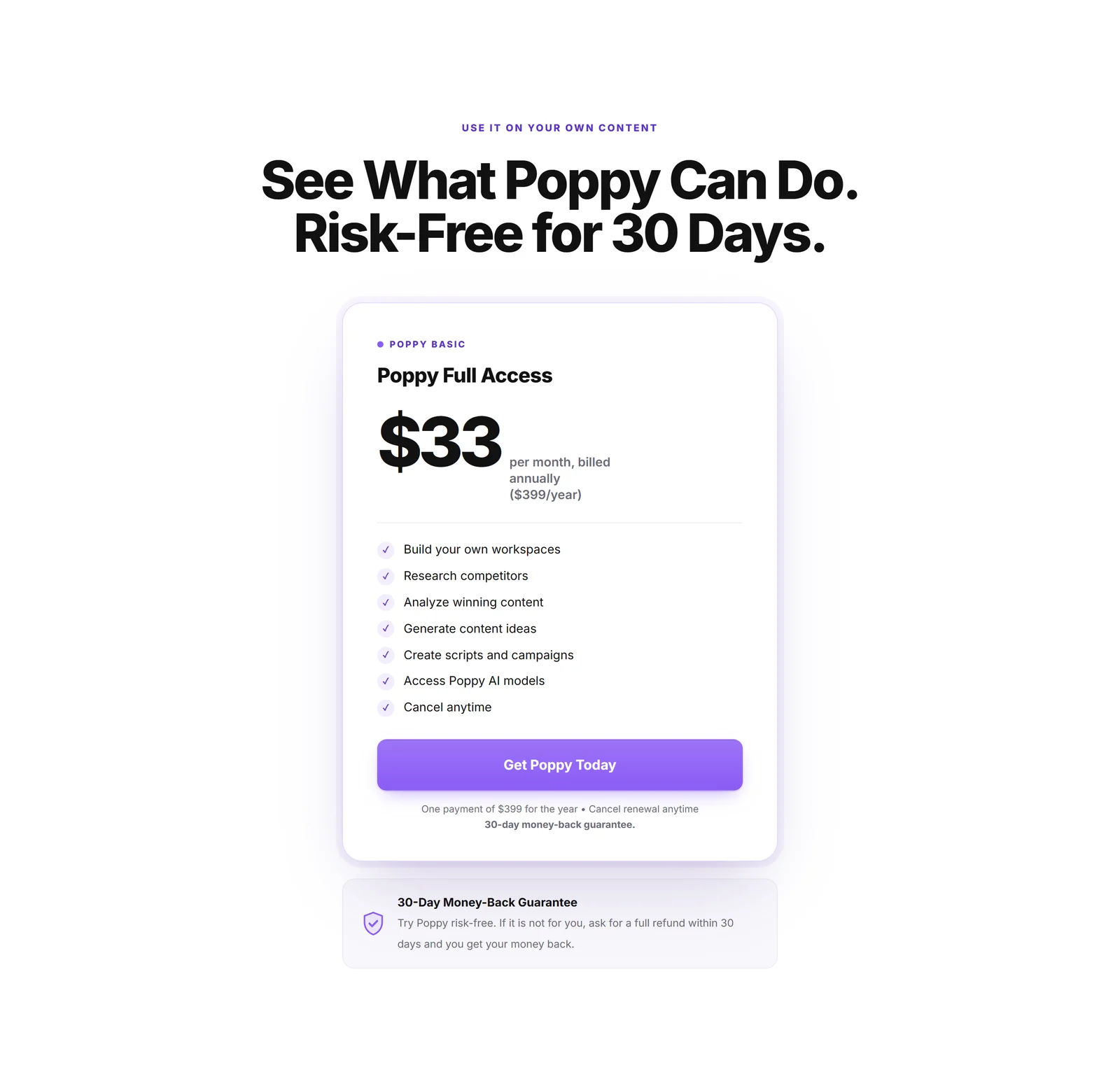 Poppy pricing card: Poppy Full Access at $33 per month billed annually, one payment of $399 for the year