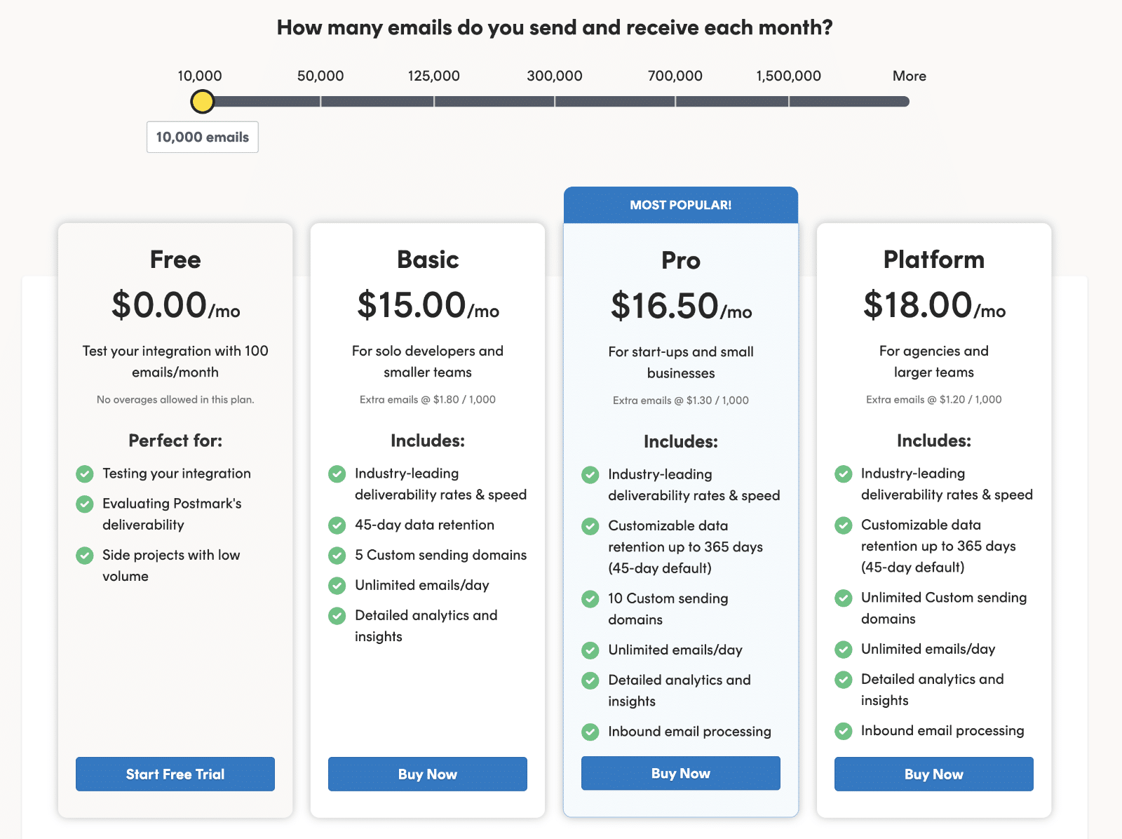 Postmark Pricing Tiers: Volume-based paid plans scaling from $15/month.