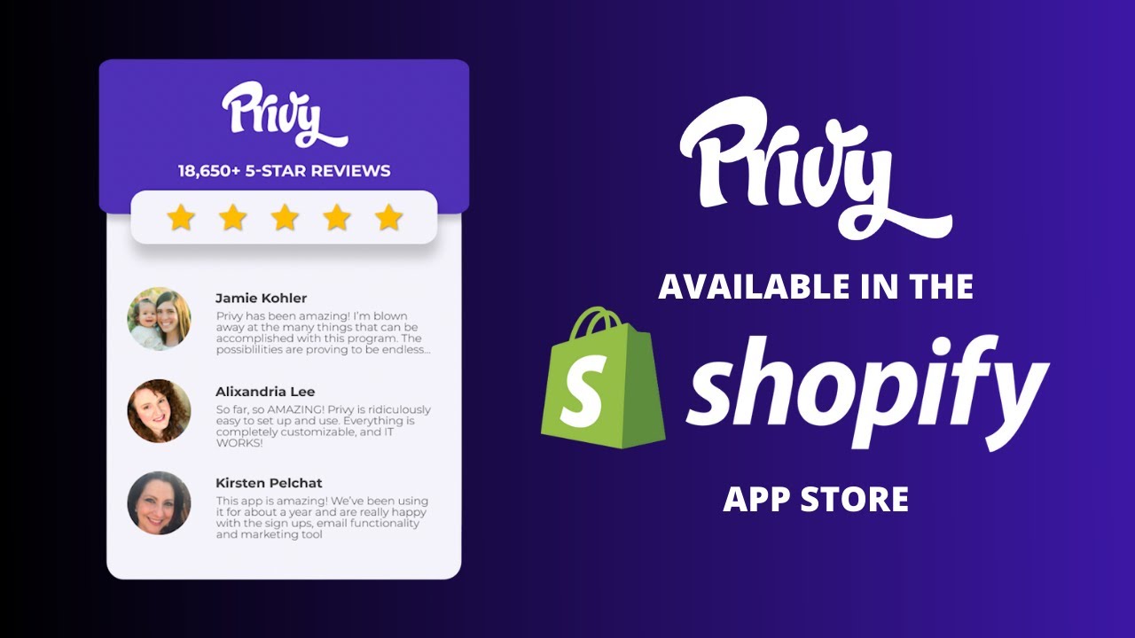 Privy app page on the Shopify App Store showing user ratings, installation options, and promotional highlights.