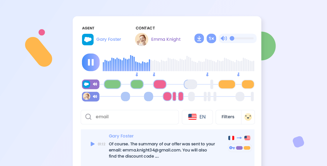 Automated call transcription, sentiment analysis breakdown, key topic tags, and call summary cards