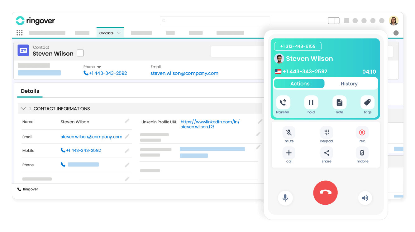 Ringover cloud softphone interface showing active calls, dialpad, call history, and CRM contact details