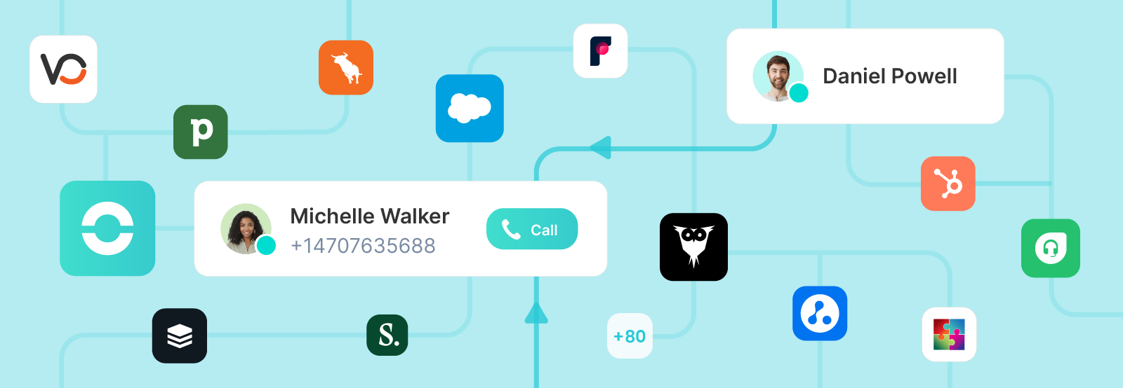Ringover CRM integration marketplace showing Salesforce, HubSpot, Zendesk, and Bullhorn connections
