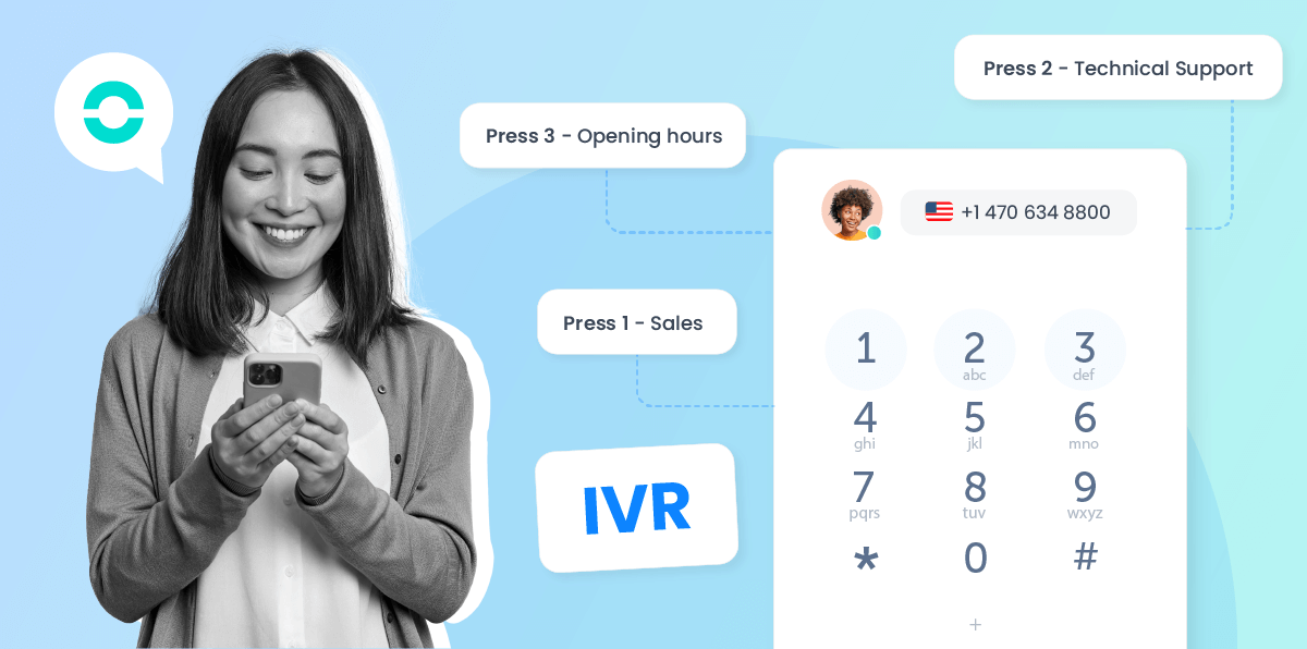 Ringover visual IVR builder showing drag-and-drop routing nodes, greetings, and call queue configurations