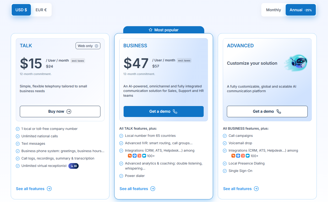 Ringover pricing breakdown page displaying Talk, Smart, Business, and Advanced plan tiers with add-on options
