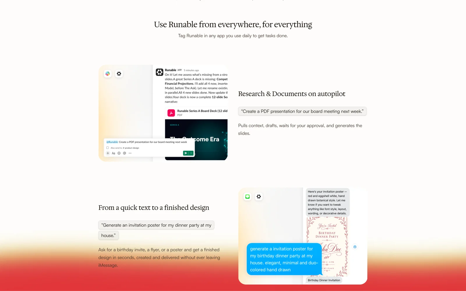 Runable Claw: use Runable from everywhere — a Slack conversation producing a board-meeting slide deck and an iMessage conversation producing a dinner-party invitation