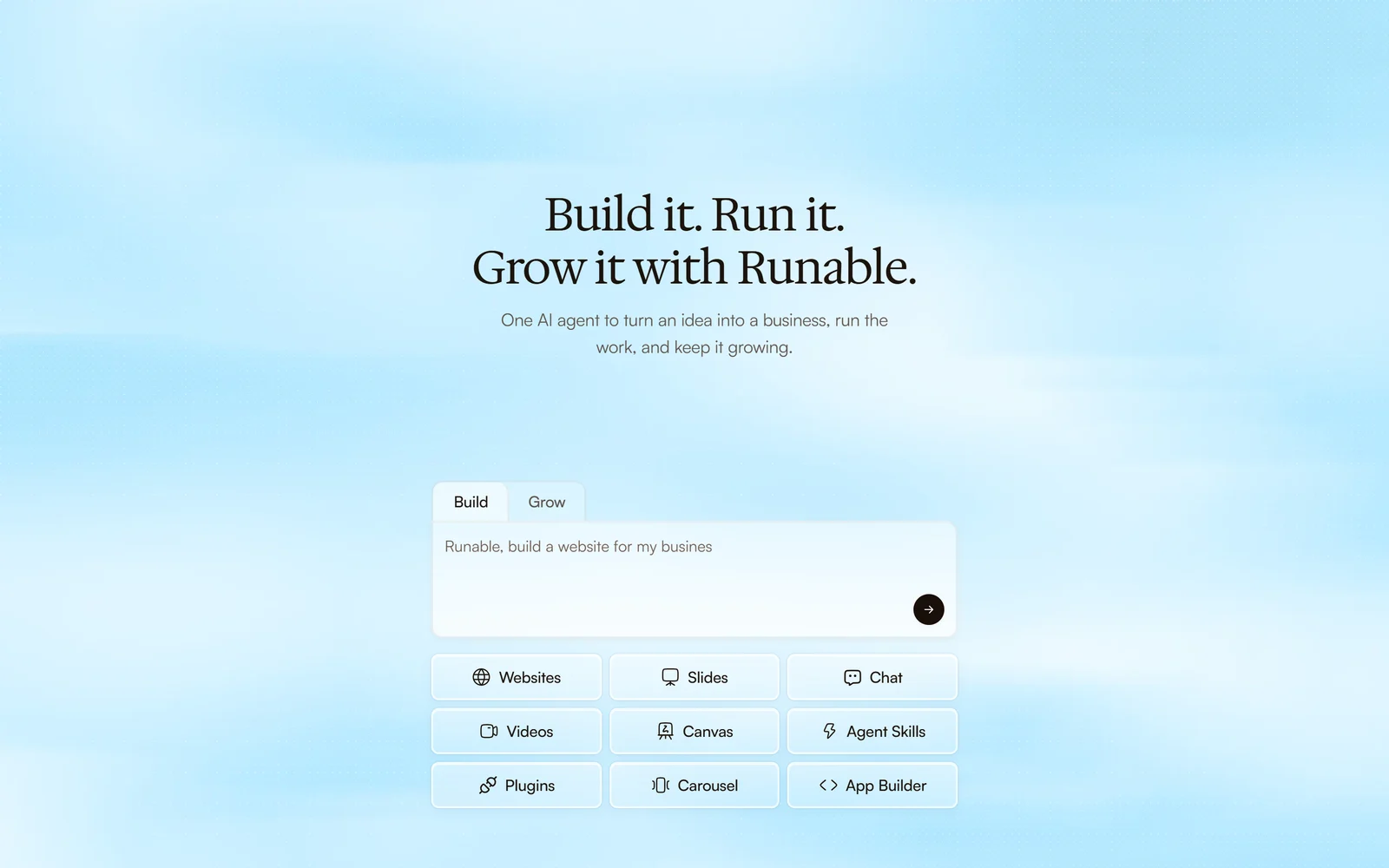 Runable homepage, October 2026: Build it. Run it. Grow it with Runable — one AI agent with a prompt box and buttons for Websites, Slides, Chat, Videos, Canvas, Agent Skills, Plugins, Carousel and App Builder