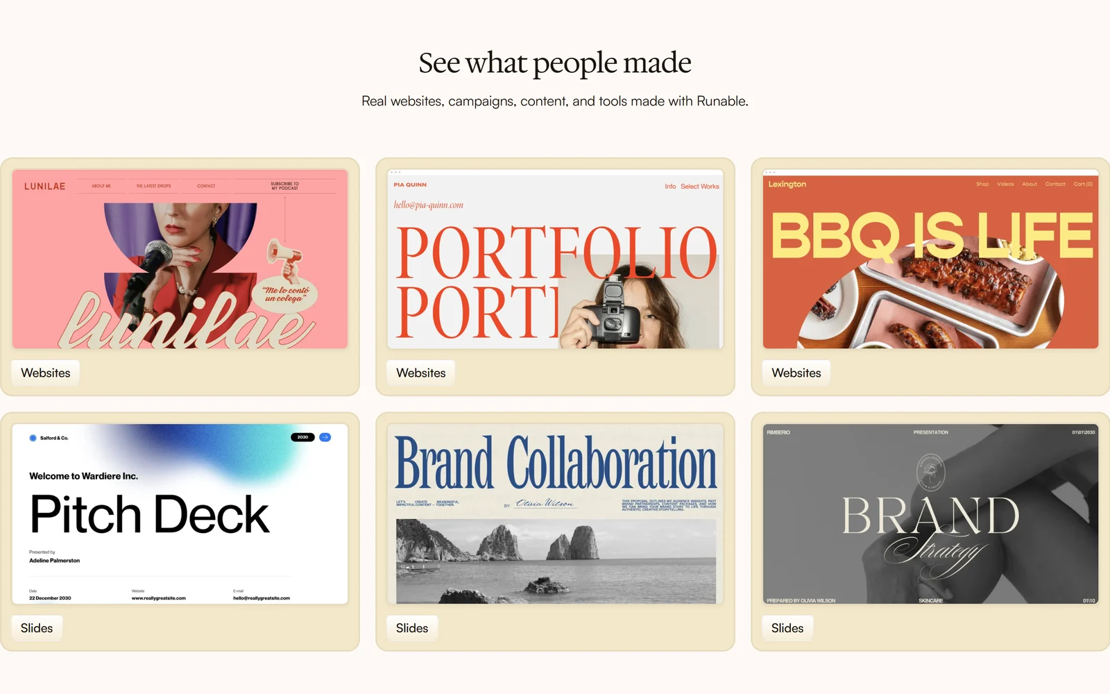 See what people made with Runable: three example websites (a podcast site, a photographer portfolio and a BBQ shop) and three slide decks (a pitch deck, a brand collaboration proposal and a brand strategy)