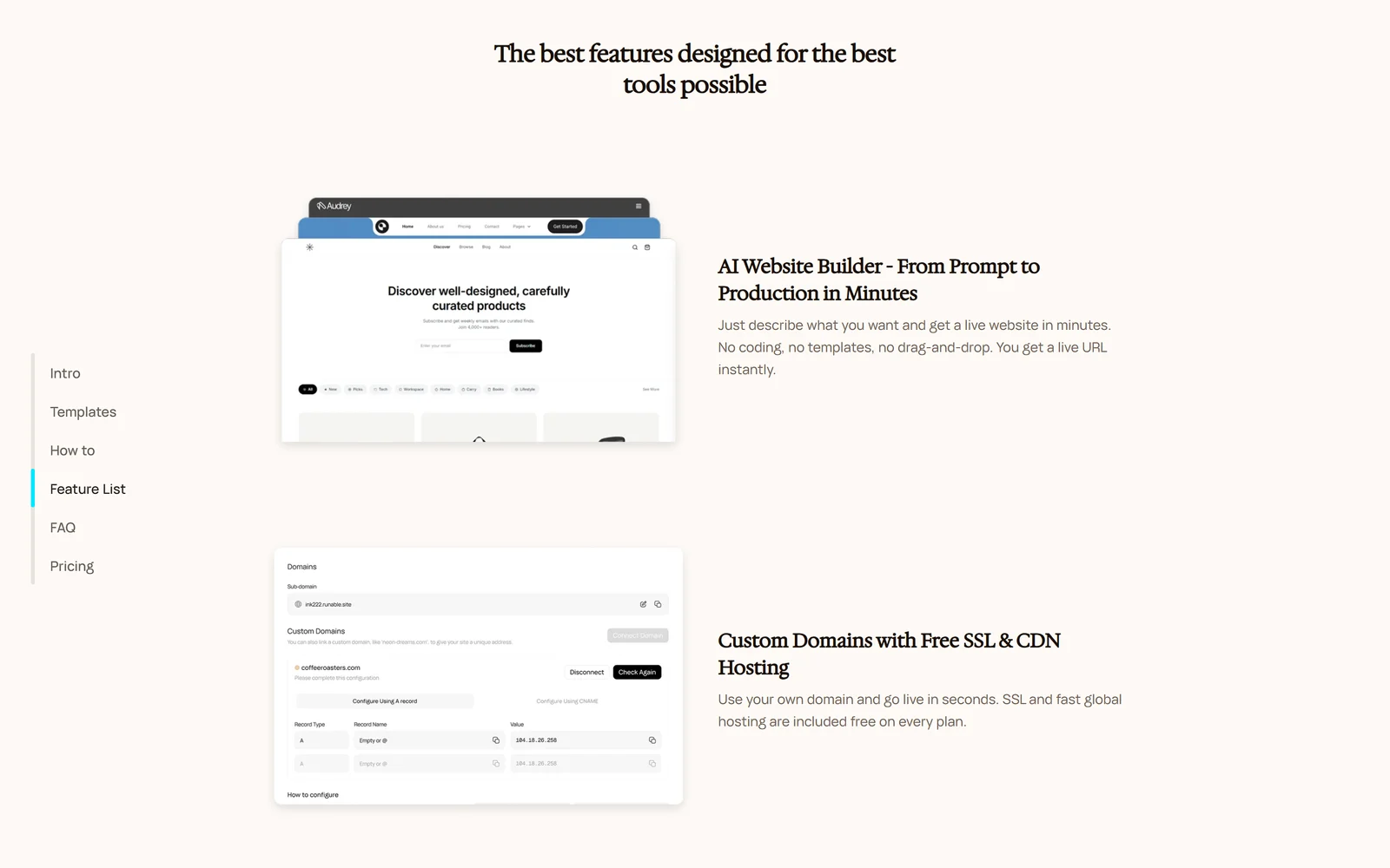 Runable website features: AI website builder from prompt to production in minutes, and custom domains with free SSL and CDN hosting, shown with a domain settings screen