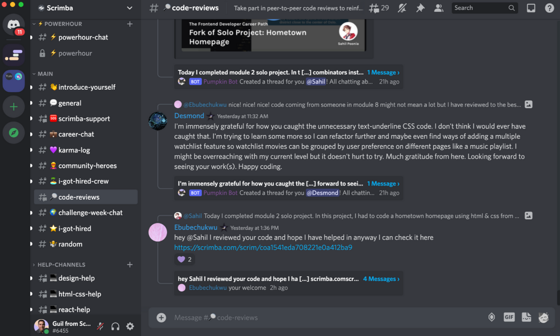 Scrimba Discord community channels for code review, study groups, and student support