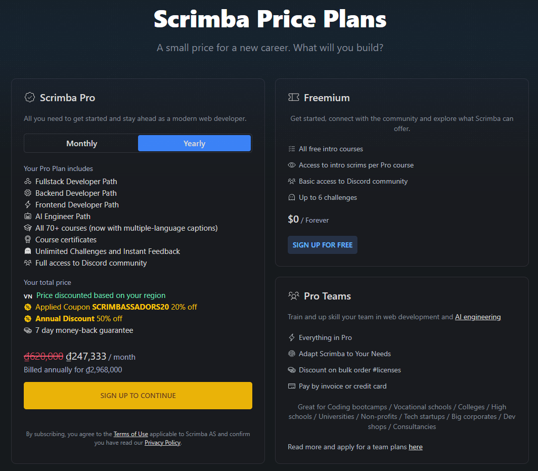 Scrimba Pro pricing checkout page showing monthly, annual, and PPP discount options