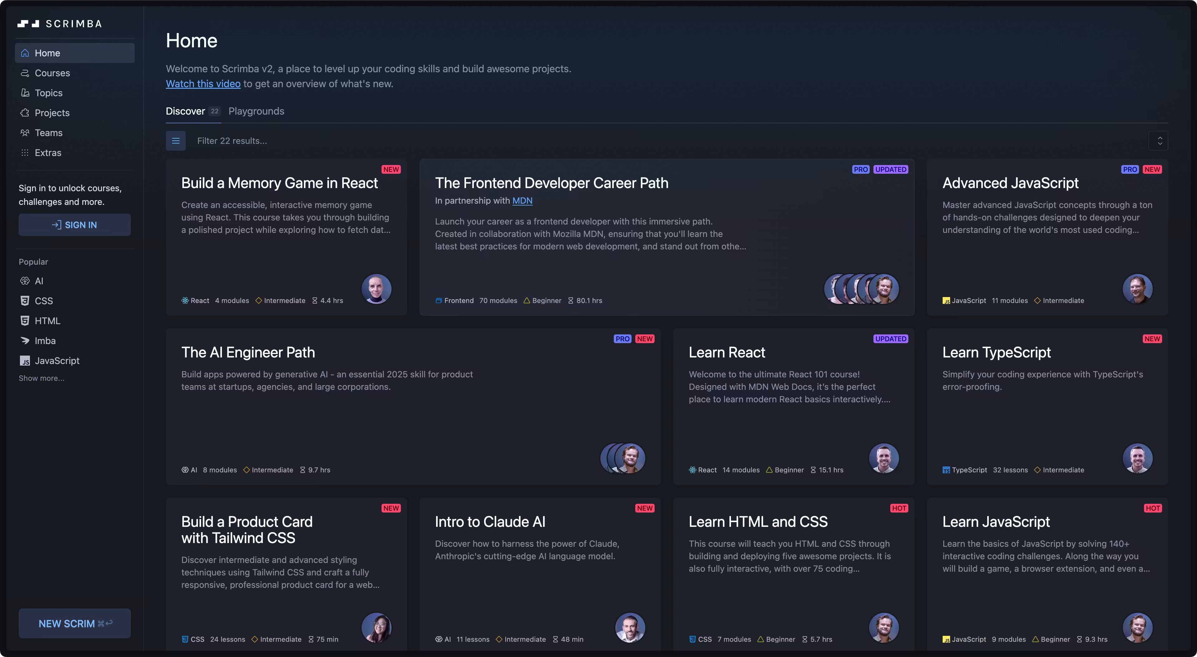 Scrimba v2 open platform web IDE showing multi-file workspace and terminal