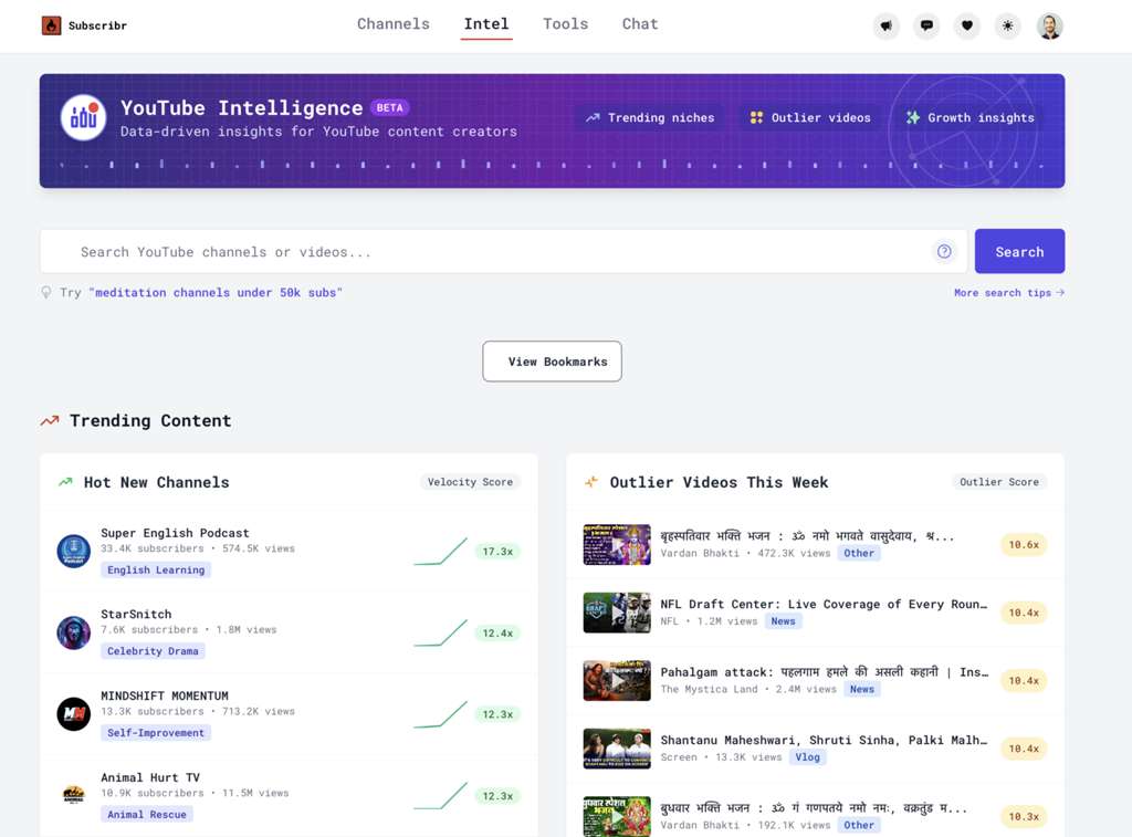 Subscribr Dashboard Overview showing active script projects, credit metrics, and channel voice settings.