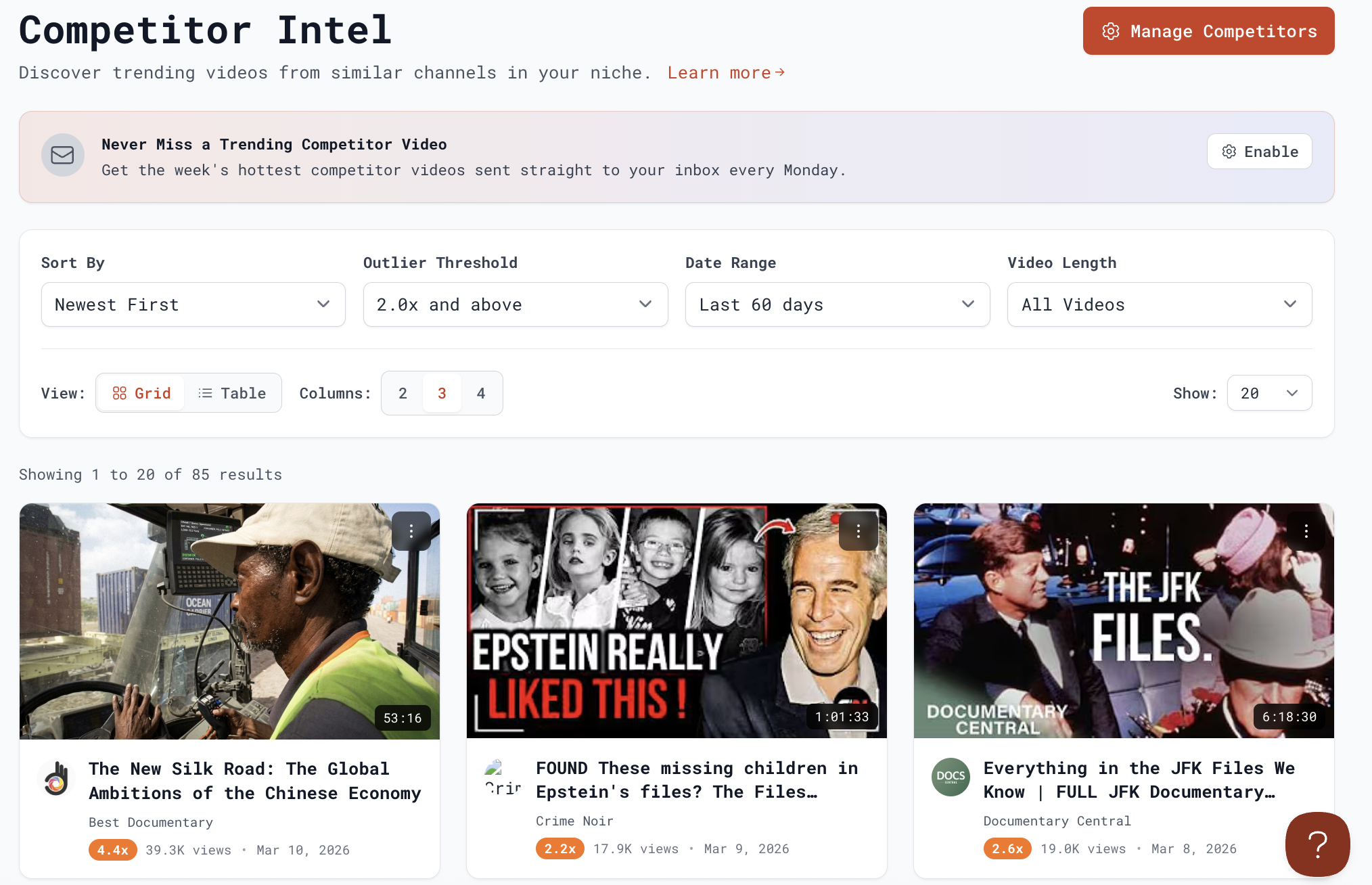 Subscribr YouTube Intel tool showing outlier detection and competitor analysis for viral video topics.