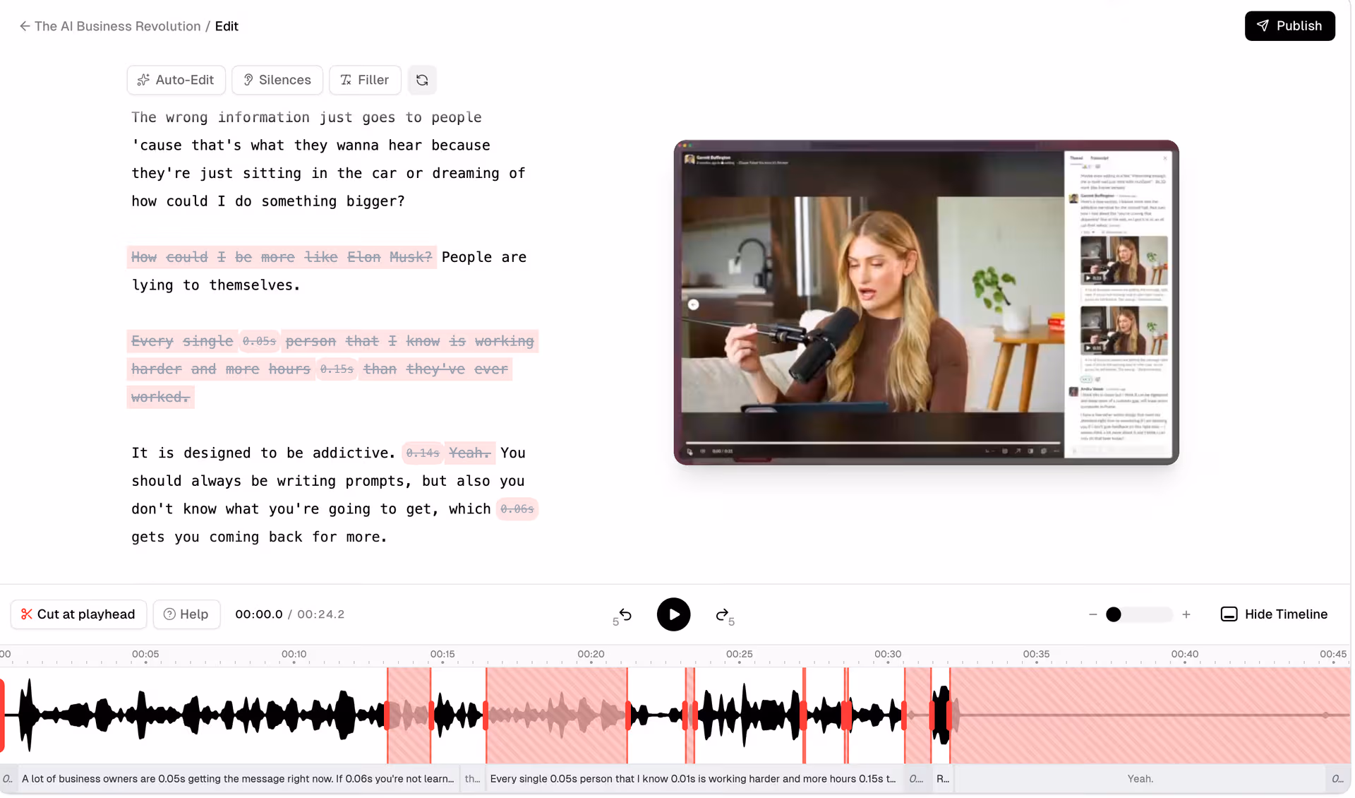 Supercut Video Editor interface showing the split-screen view: the video player on the left and the interactive text transcript on the right.