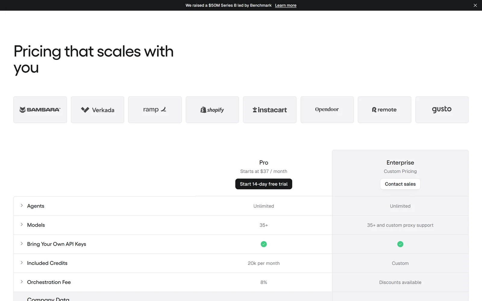Gumloop pricing page showing unlimited seats, agents and teams on the Pro plan