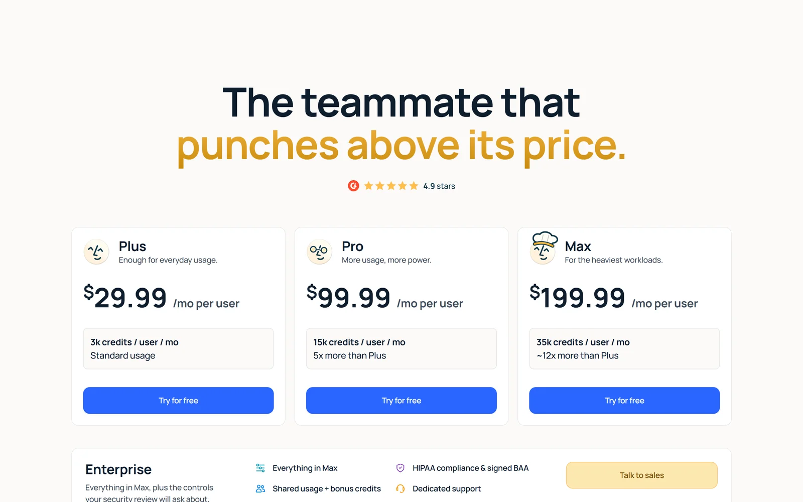 Lindy pricing page showing Plus, Pro and Max plans priced per user per month with credit allowances
