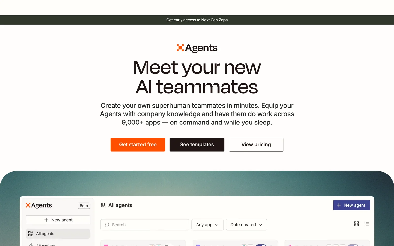 Zapier Agents homepage showing AI agents connected to thousands of apps