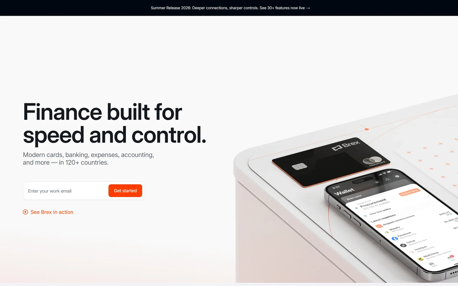 Brex homepage, September 2026: corporate cards, expense management and business banking
