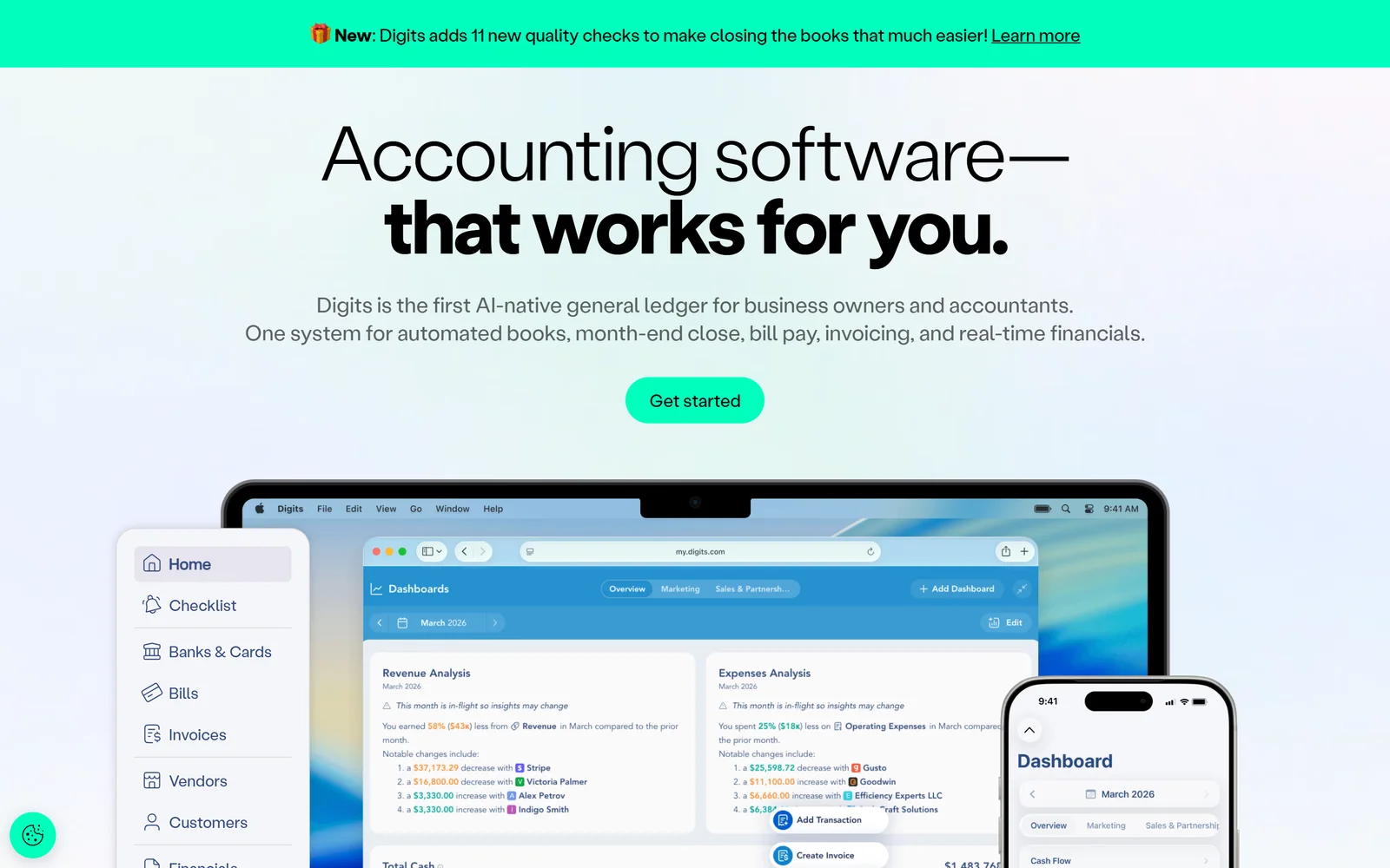 Digits homepage showing AI accounting and financial reporting