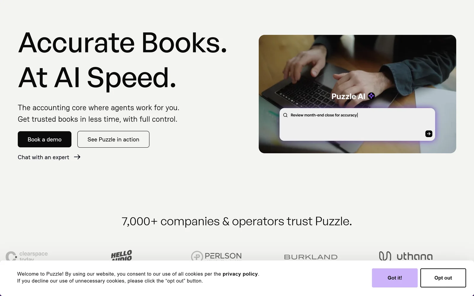 Puzzle homepage showing AI accounting with real-time financials