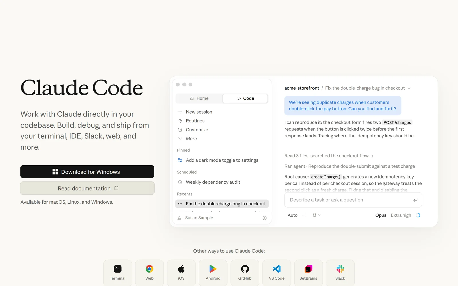 Claude Code homepage, September 2026: work with Claude directly in your codebase from terminal, IDE, Slack and web