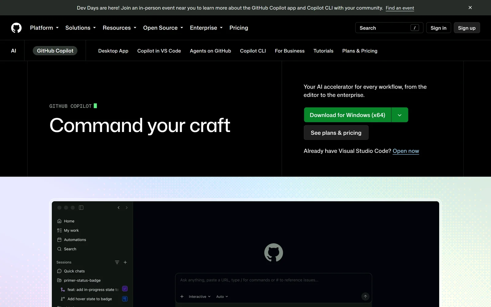 GitHub Copilot homepage showing agent mode, code review and multiple model providers