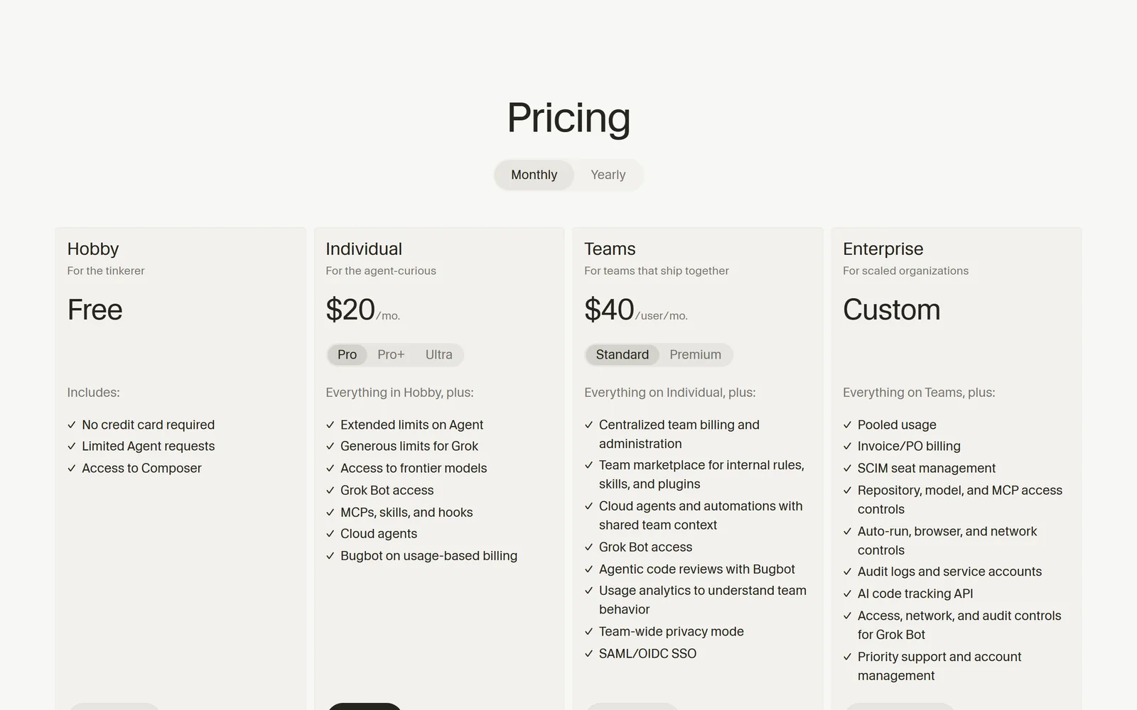 Cursor pricing page showing Hobby, Pro, Pro Plus, Ultra and Teams plans