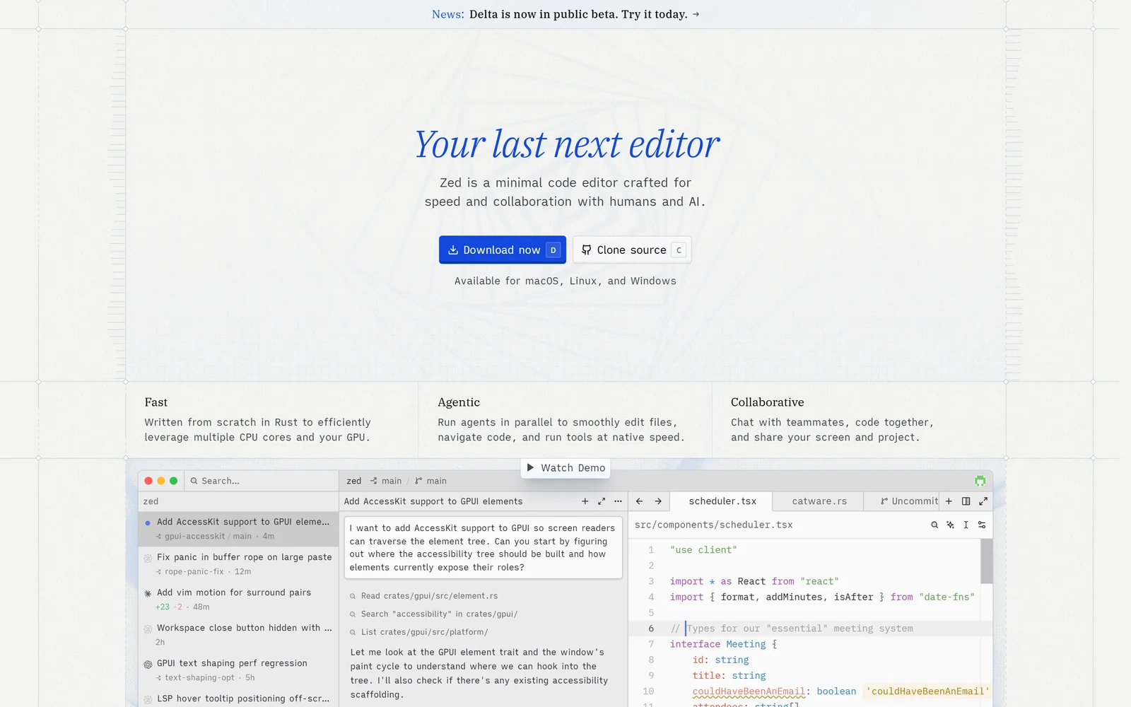 Zed homepage showing the open-source Rust editor with agentic editing