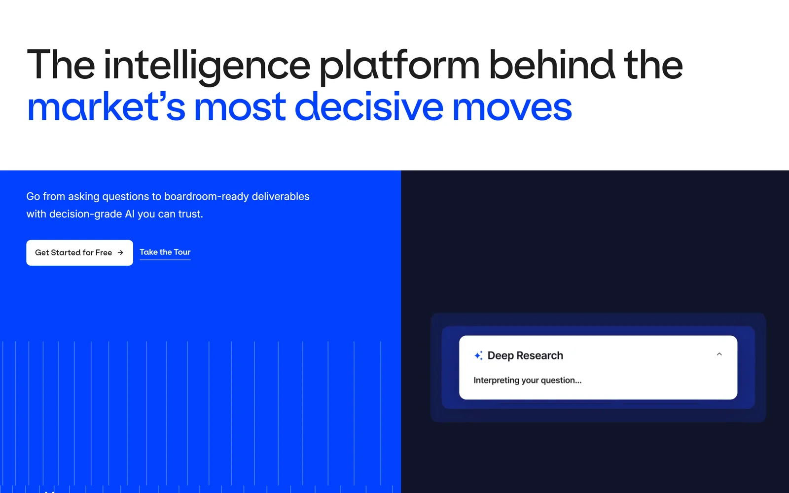 AlphaSense homepage showing market intelligence search across research and filings