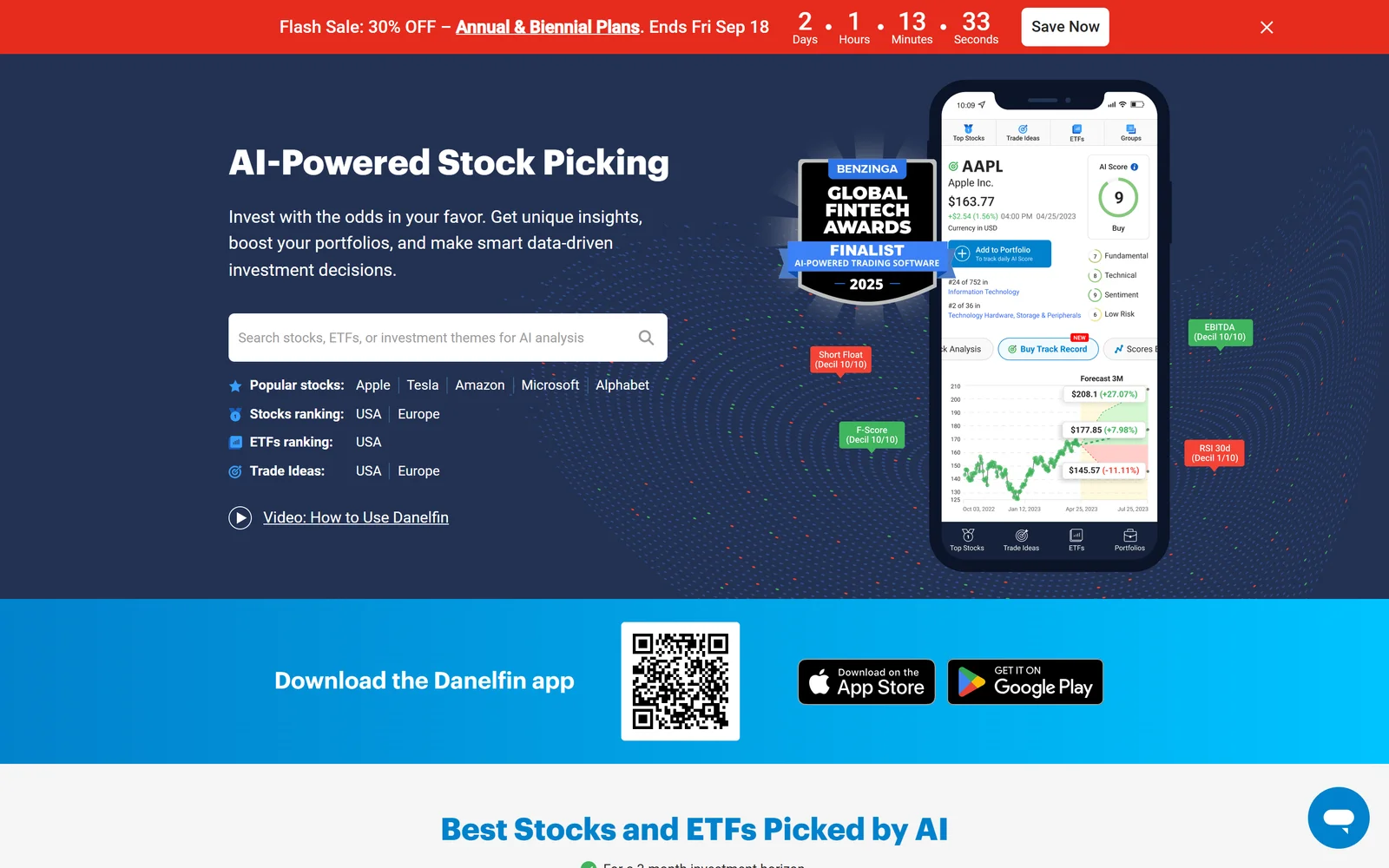 Danelfin homepage showing AI-powered stock scoring from 1 to 10