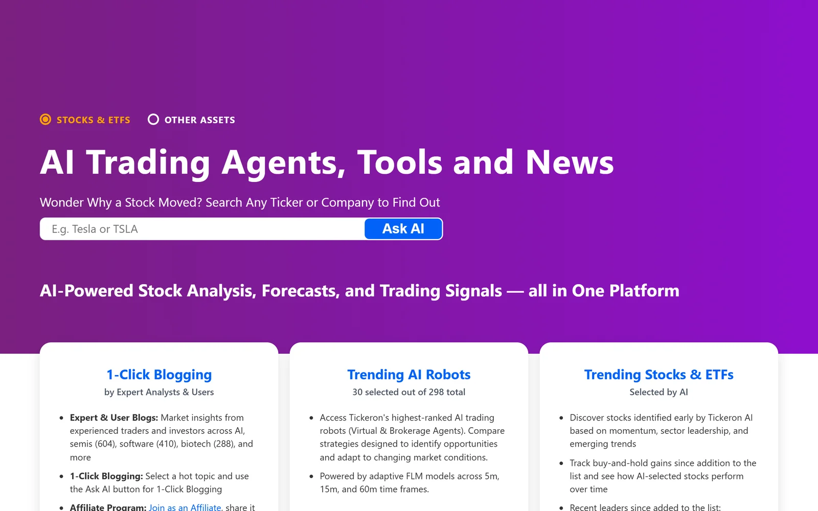 Tickeron homepage showing AI trading robots and pattern recognition