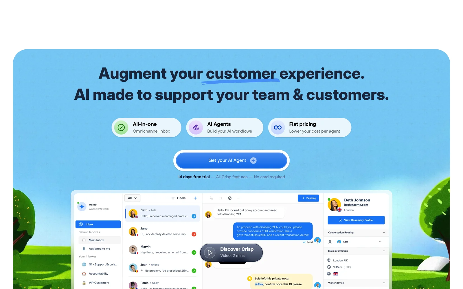 Crisp homepage showing its shared inbox and AI agent