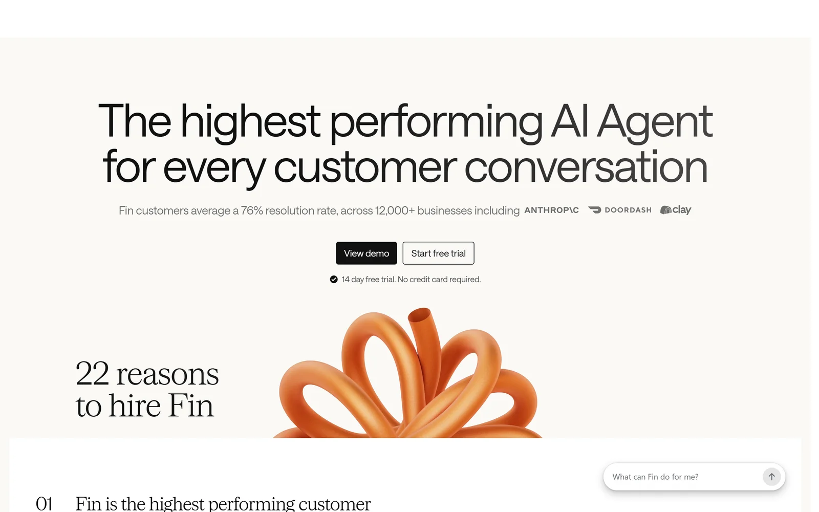 Intercom Fin homepage, September 2026: AI agent for customer service that resolves conversations