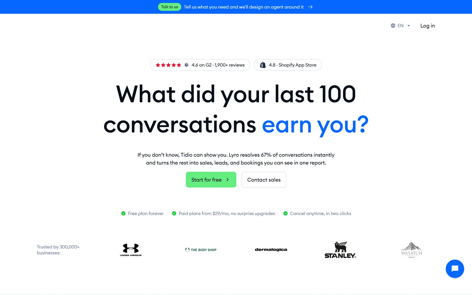 Tidio homepage showing Lyro AI agent and live chat for ecommerce