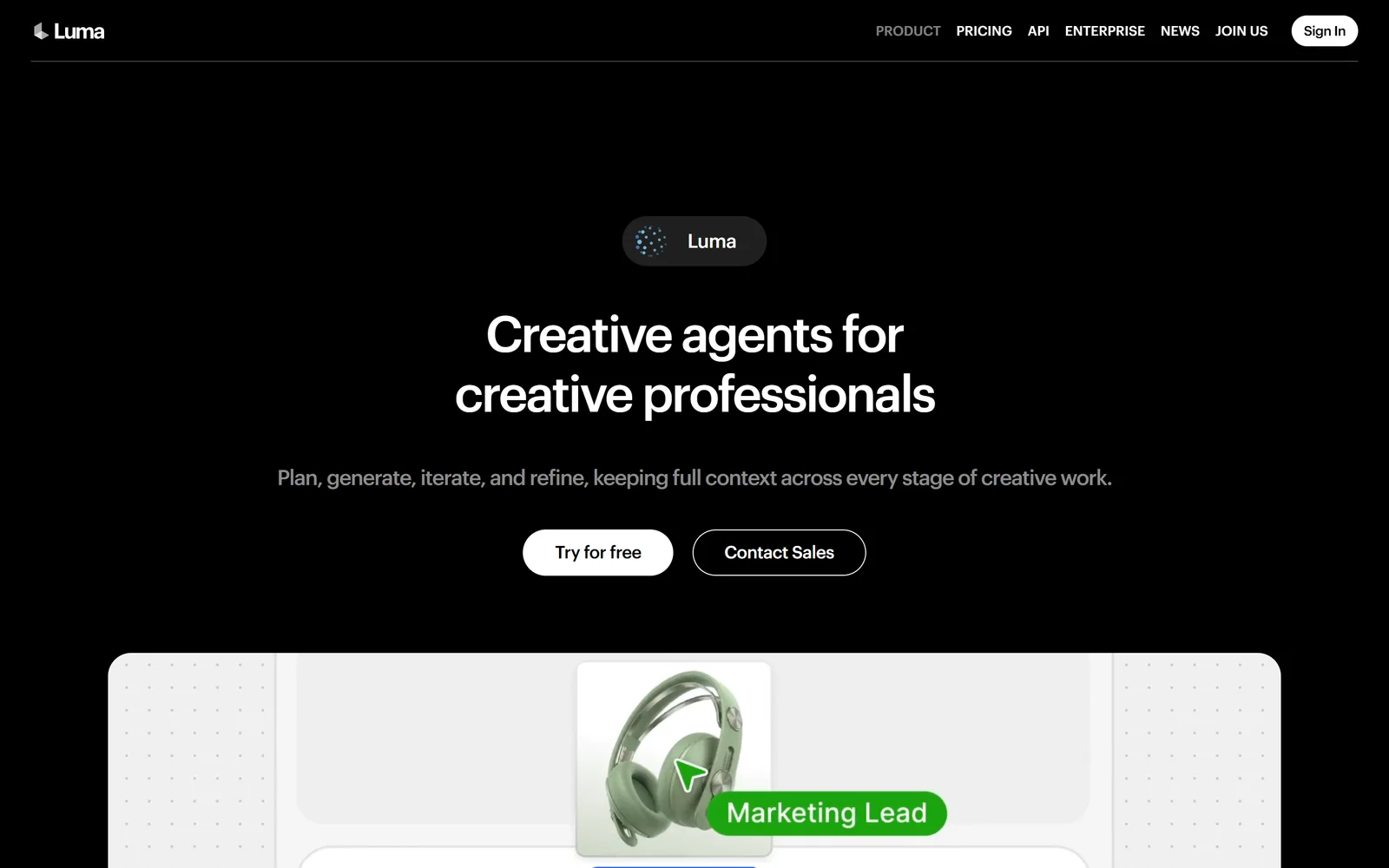 Luma Dream Machine homepage showing AI video generation