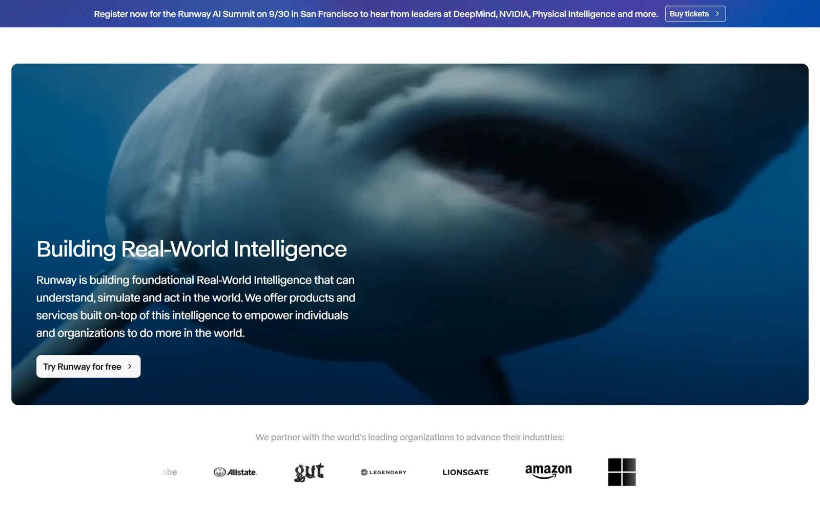 Runway homepage showing generative video models and creative tools