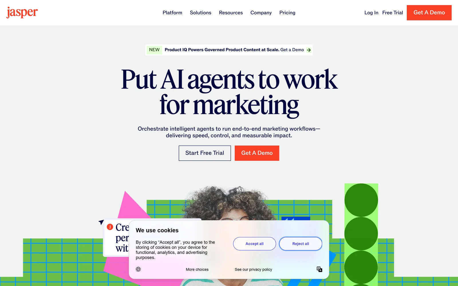 Jasper homepage, September 2026: AI marketing platform with brand voice, knowledge assets and GEO Hub